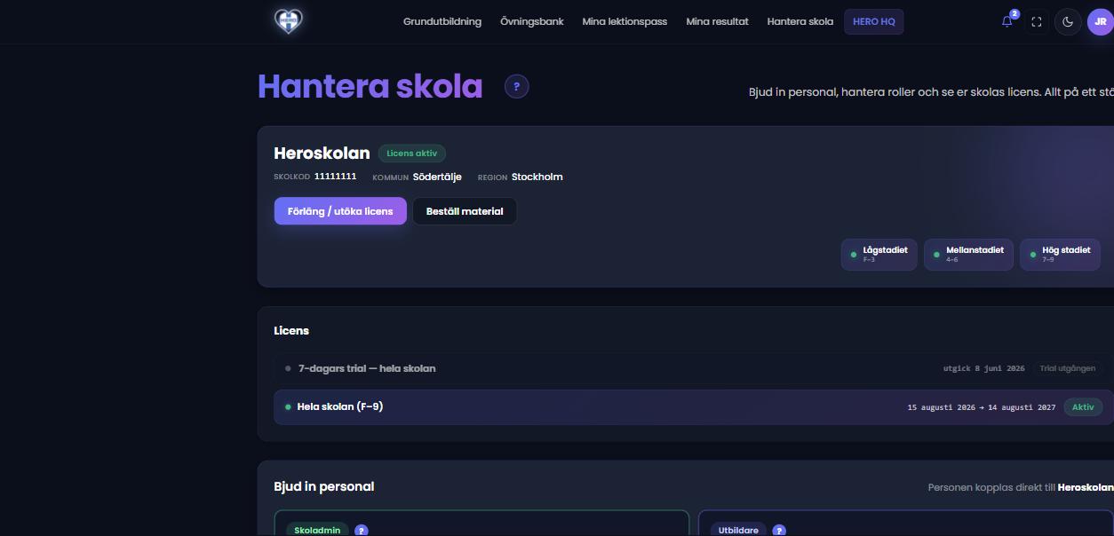 Portal — Hantera skola med användare och licens