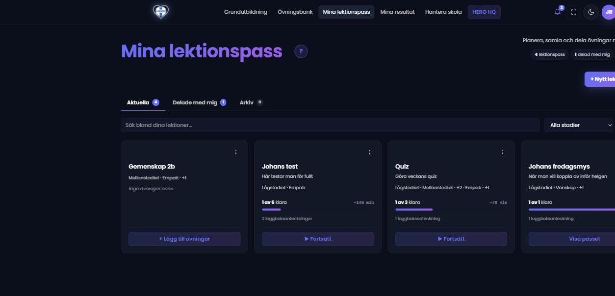 Portal — Mina lektionspass, översikt över skolans lektioner